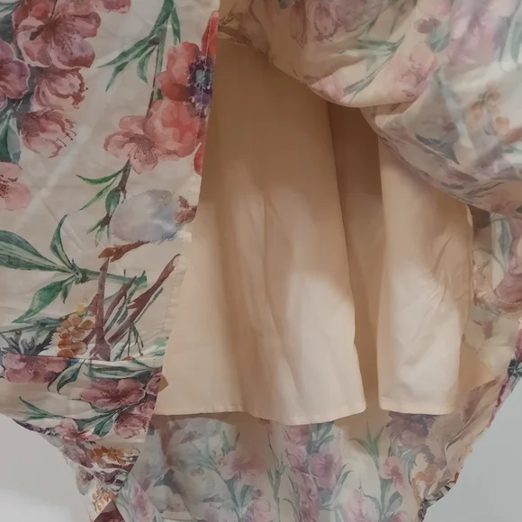 Polagram Cream Floral Puff Sleeve Tiered Mini XL Sonia Dress Side Pockets NWT - Picture 10 of 16